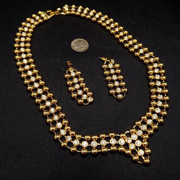 Rhinestone Choker Necklace Post Earrings Set, Light Weight Gold Tone, 18 Inches - Picture 6 of 7